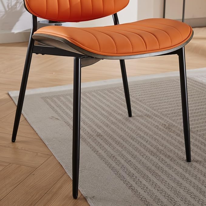 Dining Chairs Set of 4, Mid Century Modern Accent Dining Room and Kitchen Chairs, Upholstered PU Leather Vertical Stripe Chairs for Vanity with Walnut Bentwood and Metal Legs, Orange