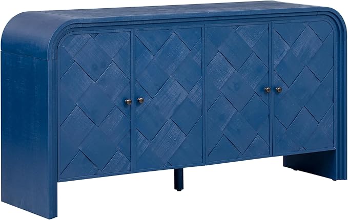 Unique Retro Curved Sideboard with 4 Handwoven Wood Slat Doors, Solid Wood Veneer Accent Entryway Console Table Storage Cabinet for Hallway Living Room Dining Room (Navy Blue-V)