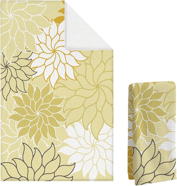 Boho Floral Abstract Waffle Towels, Flower Hand Towel for Bathroom Decor, 16x24 Inch Neutral Yellow Flower Dish Tea Towel Decor for Kitchen/Bath/SPA,Gift for Friends.