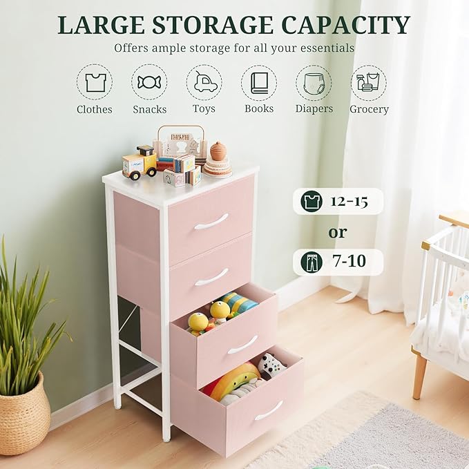 Nightstand, 4 Drawer Dresser End Table Bedside Furniture with Wooden Top Steel Frame Fabric Bins for Bedroom, Closet, Entryway, Dorm, Living Room, Pink