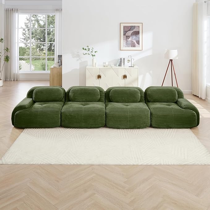 152" Modern Compressed Boneless Couch, 4 Seater Sectional Couches for Living Room, Green Corduroy Cloud Modular Sectional Sofa, Comfy Memory Foam, Extra Deep, Sofas para Sala, No Assembly