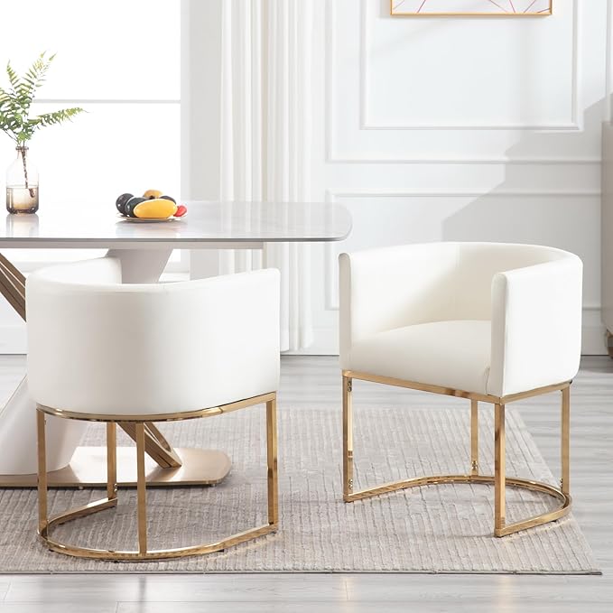 Faux Leather Dining Chair Modern Barrel Arm Chairs with Golden Metal Frame, Upholstered Kitchen Chairs 18.5" Wide Accent Chair for Living Room Dining Room Restaurant, White