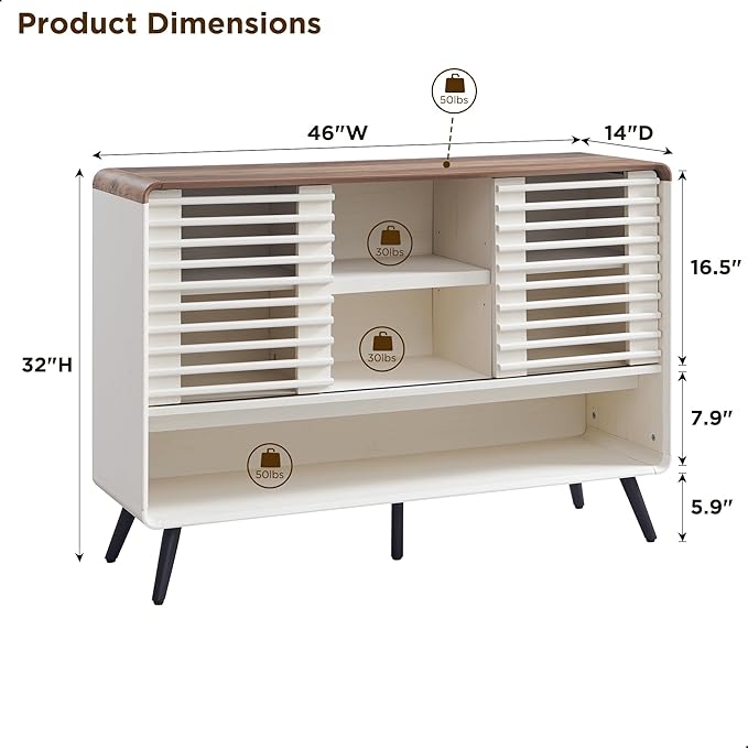 RedLemon 46" Entryway Table, Mid Century Modern Console Table with Slatted Sliding Door, Storage Shelf Wood Sofa Table Behind Couch for Hallway, Living Room, Foyer, Antique White