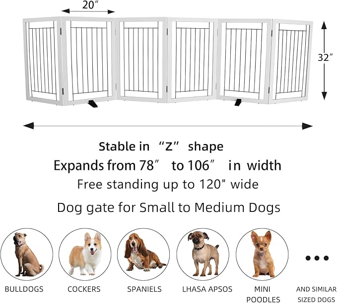 ZJSF Freestanding Dog Gate Indoor, Foldable Dog Fence for Doorways,Hallways or Stairs, Sturdy Wood Extra Wide Pet Gate with Support Feet,White,32 "Height-6 Panels