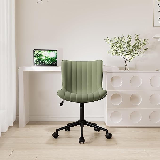 Kidol & Shellder Olive Green Leather Home Office Desk Chair with Wheels Modern Cute Armless Executive Swivel Vanity Chair with Comfy Padded Back Ergonomic Rolling Adjustable Computer Task Chair Small