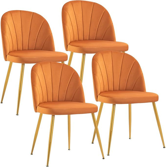 Velvet Dining Chairs Set of 4, Upholstered Mid Century Modern Dining Chairs, Armless Accent Chair with Metal Gold Legs for Living Room, Kitchen, Dining Room, Orange