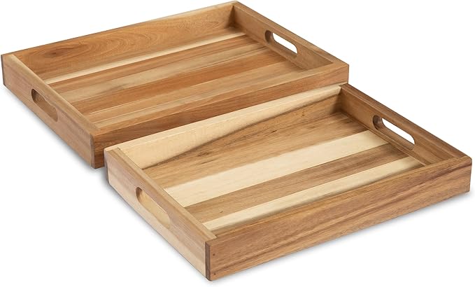 Natural Acacia Wooden Rectangular Serving Tray with Handles, Set of 2 (15"x11"), Large Tray for Ottoman, Breakfast in Bed, Dinner, Coffee Table Decor & Kitchen