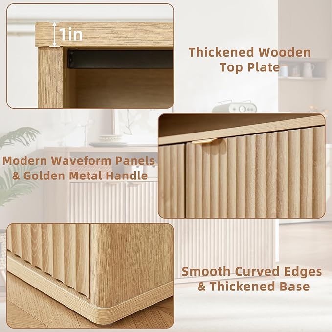 LEYAOYAO Buffet Cabinet with Storage, 45" Wide Fluted Accent Sideboard Credenza with 3 Doors & Open Storage Shelf, Modern Kitchen Wood Media Console Cabinet for Dining Room, Entryway, Natural Oak