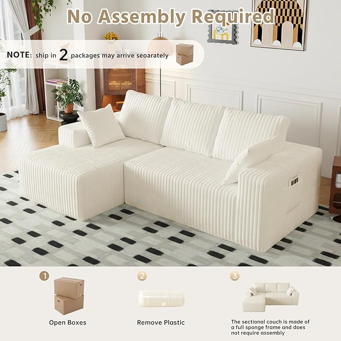 94" Cloud Sectional Couch with L-Shape Chaise,4 Seat Modern Modular Sofa with Side Pockets,Upholstered Couches for Living Room Bedroom, Boneless Couch,No Assembly Required