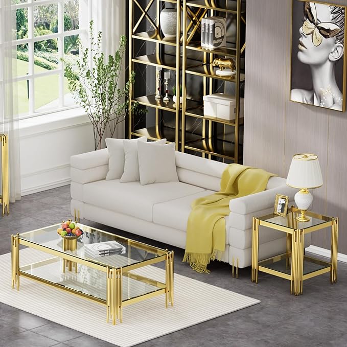 Goujxcy Glass Modern Coffee Table Set of 2 with Storage, Glass Top and Stainless Steel Frame, Living Room Table Set for Apartment Home Office