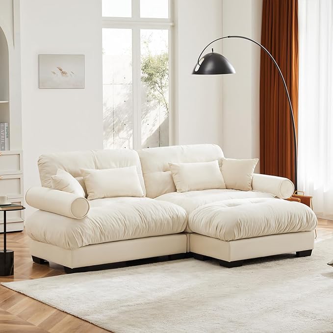 93.7" Loveseat Sofa, 2 Seater Modular Sectional Sofa, Beige White Large L Shaped Sectional Couches for Living Room, Fluffy Couch, Love Seat, Velvet Cloud Couch with Ottoman, Deep Seat for Living Home