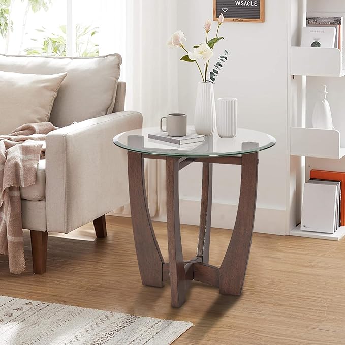 LKTART Glass End Table, 23.5" Round Side Tables with Tempered Glass Top Cross and Solid Wood Base Small Night Stand for Living Room Office Apartment Cherry