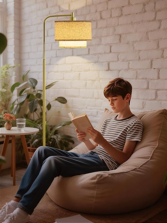 64" Modern Floor Lamp for Living Room Bedroom, Arc Floor Lamp with 3 Color Temperatures, Standing Lamp with Double Oatmeal Linen Lampshade, Tall Lamp with A19 12W LED Bulb, Foot Switch Control, Gold