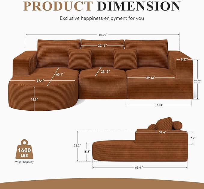 Modular Sectional Sofa with L-Shape Chaise,Cloud Sectional Modern Sleeper Couch with Deep Seat,Sponge Compression Sofas No Assembly Required (Brown-Corduroy Fabric) 1PCS