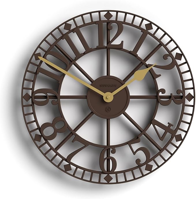 NEWGATE® Warehouse Wall Clock | Skeleton Clock | 16 inch | Mocha Brown with Brass Hands | Contemporary Vintage Style for Kitchen, Living Room or Office