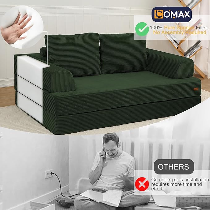 COMAX Convertible Sofa Bed, Folding Floor Couch Corduroy Fold Out Couch Bed Futon Sleeper Mattress with Pillows, Boneless Sofa Comfy Lounge Loveseat for Living Room Bedroom, Green