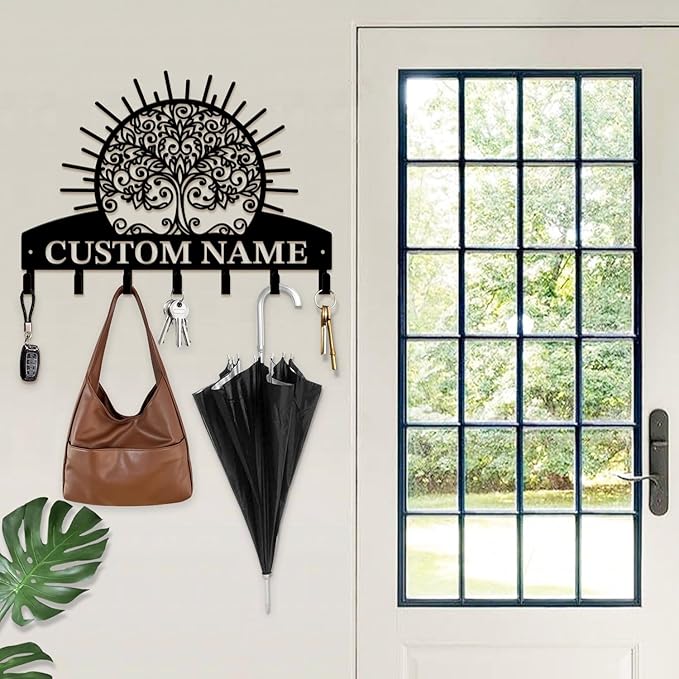 Life Tree Key Hook - Customized Metal Wall Organizer with Name Engraving, Black Iron Home Decor for Themed Collectors (Style D)
