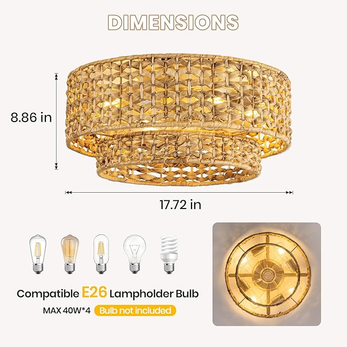 Boho Caged Ceiling Fan with Lights Flush Mount, Handwoven Layered Rattan Fandelier ceiling fan with Remote Control, Reversible 6-Speed Enclosed Ceiling Fan Light for Bedroom, Living Room, Nursery, E26