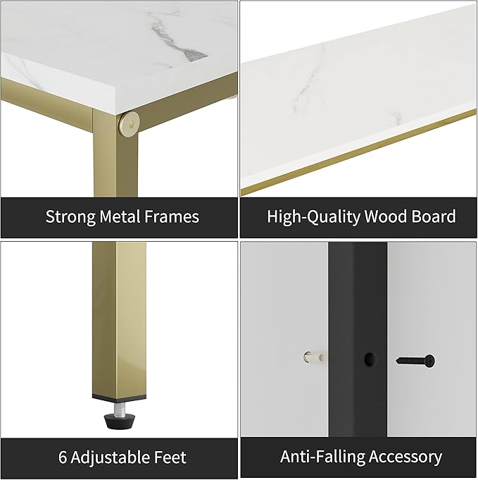 70.9 Inch Console Table with Power Outlet,Modern Narrow Long Sofa Table Behind Couch,Skinny Entry Table with Gold Metal Frame for Entryway,Living Room, Hallway,Marble White