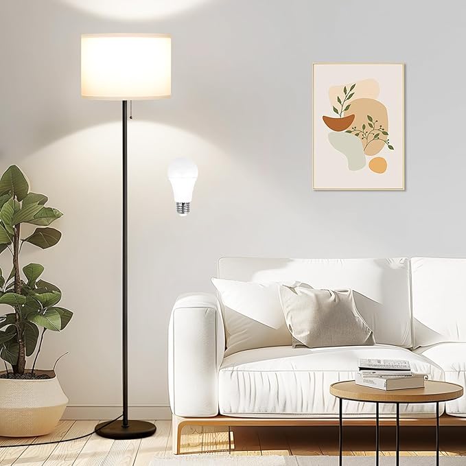 Ambimall Floor Lamps for Living Room with 3 Color Temperatures Bulb & Pull Chain Switch, 60" Modern Standing Floor Lamp for Bedroom Kids Room Study Room（White Shade & Black Pole）