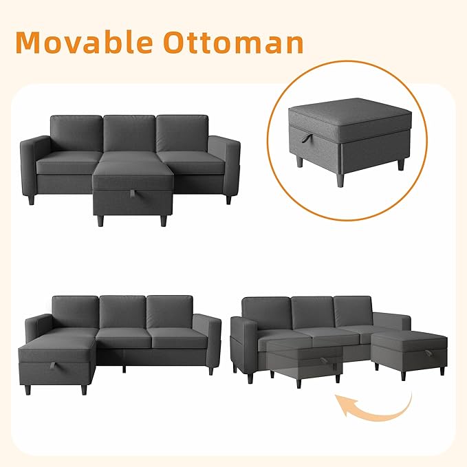 Sectional Sofa Couches for Living Room, 78'' Dark Grey 3 Seater L-Shaped Couch with Storage Ottoman, Comfy Fabric Convertible Sectionals Sofas with Chaise for Apartment, Office, Small Space