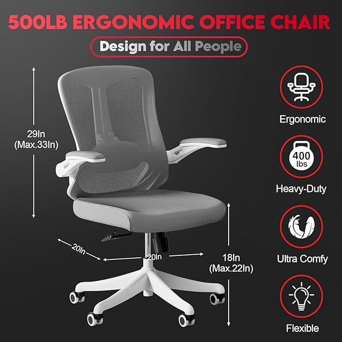Ergonomic Office Chair - 400LB Comfy Desk Chairs with Adjustable Headrest and Lumbar Back Support, Mesh Computer Chairs with Wheels and Arms for Home Office, Study, Bedroom and Dorm (03grey)