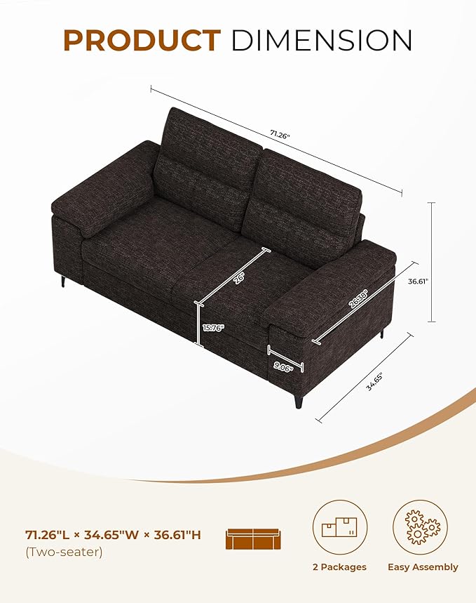 71.25" Modern Sofa Couch for Living Room, Deep Seat Sofas with 8” Cushion, Comfy 2-Seater Chenille Loveseat with Convertible Armrest, Removable Sofa Cover, High Leg (Dark Gray)