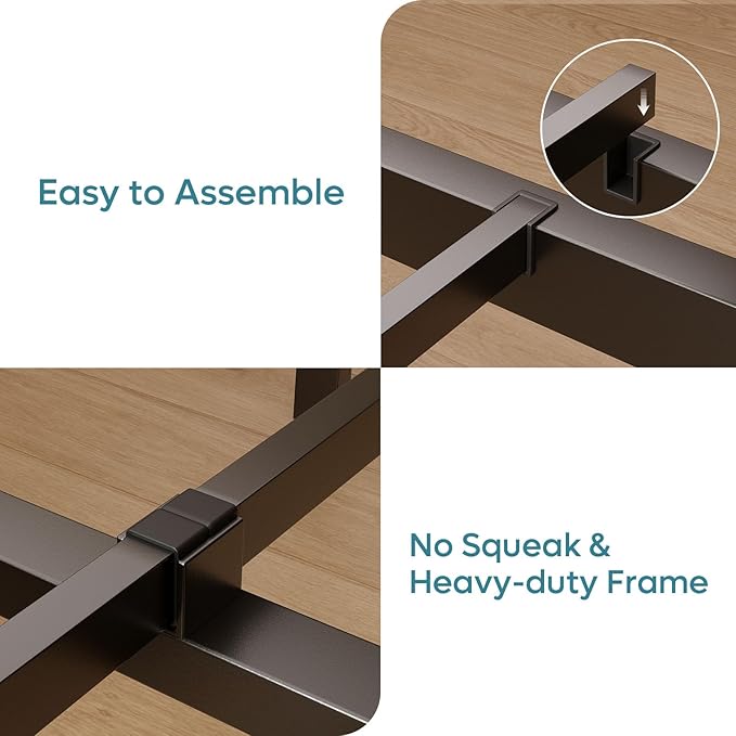 Bestier Twin Bed Frame with Storage Headboard and Charging Station, Grey Platform Bed Frame with LED Light, Non-Slip Metal Bed Frame, Noise-Free, Easy Assembly