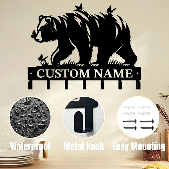 Personalized Custom Name Bear Key Wall Hooks,Metal Bear Keys Clothes Hooks,Metal Bear Wall Home Storage Decorative,For Front Door, Hallway, Kitchen, Bedroom,Keys,Hats (Style G)