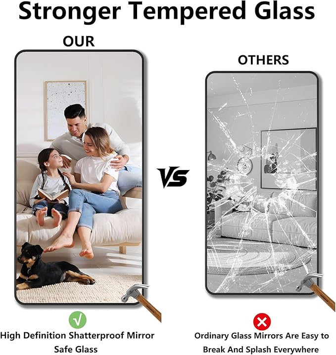 Koonmi Bathroom Mirror, 36X71 Brushed Black Rectangle Wall Mirror, HD Tempered Glass, Anti-Rust Frame Vanity Mirror, Rounded Rectangle Mirror for Restroom, Bedroom, Hangs Horizontal or Vertical