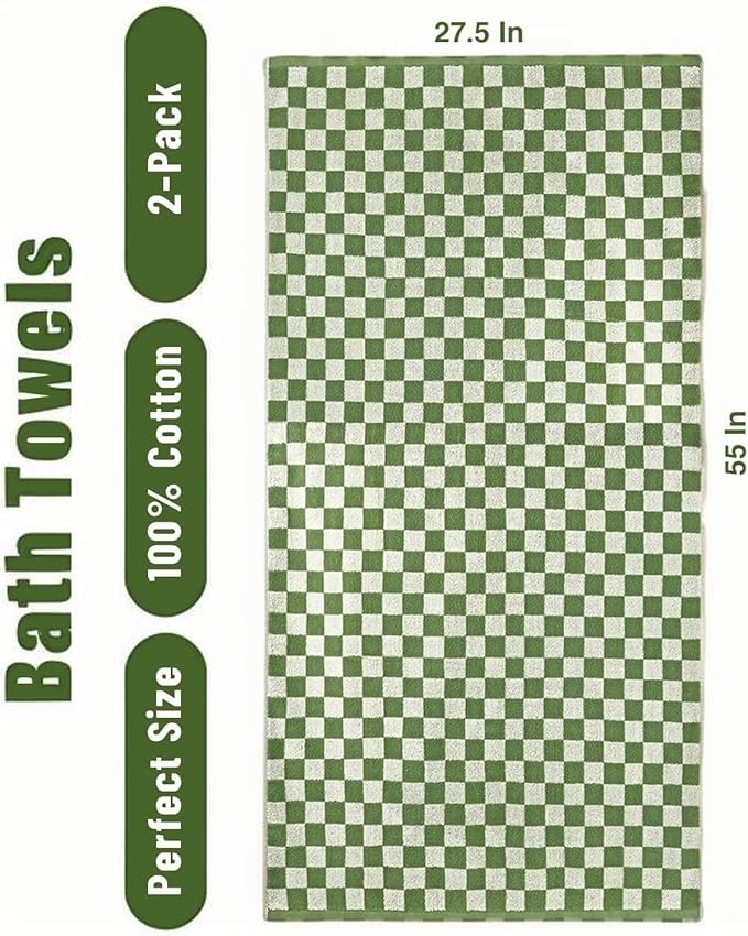 Checkered Bath Sheet(2 Pack),Oversized Bath Towel, 27.5x55 Inches, Quick Dry,100% Luxury Cotton, Super Soft & Absorbent (Green-Red Checkered, Large)