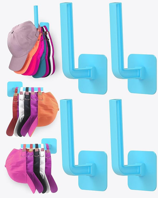 Hat Rack for Hat Storage (4-Pack), Multi-Purpose Hat Organizer, Strong Adhesive Hat Hooks for Wall Hat Organizer for Baseball Caps, Two Mounting Options Hat Hook, Blue