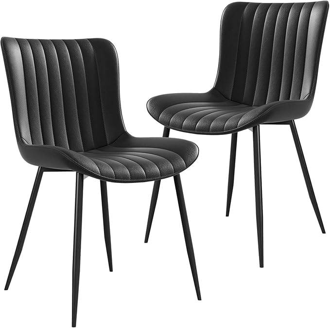 Dining Chairs, Modern Dining Room Chair 16 inch Leather with Wooden and Metal Frame, Set of 2 (Black)