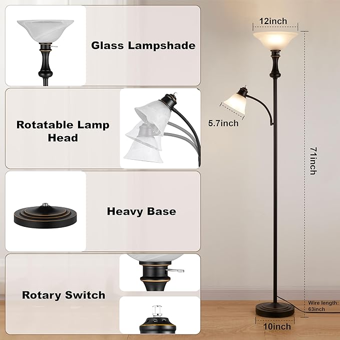 71'' Torchiere Floor Lamp for Bedroom with Glass Shade, Tall Floor Lamps for Living Room with Adjustable Angle Arc Reading Light, Modern Standing Light, Knob Switch, Bulb Included, Black