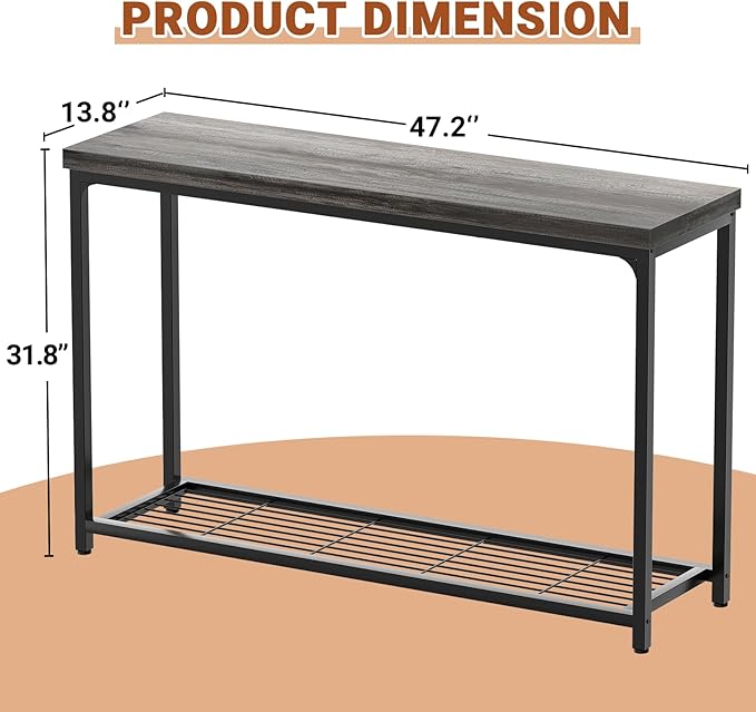 47" Console Table with Storage, 2 Tier Narrow Entryway Table, Sofa Table with Mesh Shelves, Console Tables for Living Room, Bedroom, Hallway, Entryway, Foyer, Oak Grey