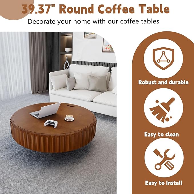 Round Drum Coffee Table with Storage Modern Coffee Table with Solid Wood Veneered Circle Center Table Accent Tea Table for Living Room Apartment Small Space (39.4in)