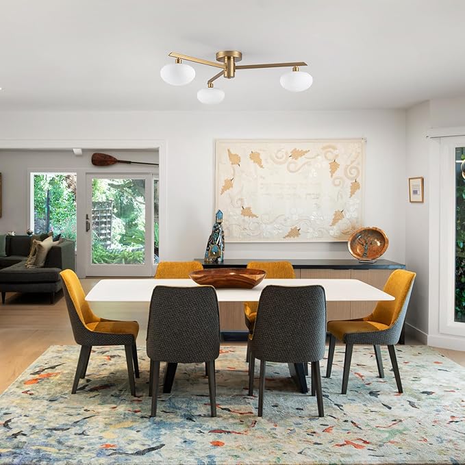 Semi Flush Mount Ceiling Light Fixture, Mid Century Modern 3-Light 22.5" Lighting Fixtures Ceiling, Matte Gold Ceiling Lights for Bedroom, Entryway, Hallway, Bathroom, Kitchen, Dining Room