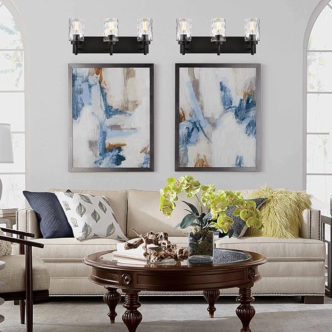 BONLICHT Vanity Light Fixtures 3 Light Modern Wall Sconces Lighting Black Bathroom Lights Wall Mounted with Hammered Glass Shade,Farmhouse Wall Light for Mirror Cabinets, Powder Room, Dressing Table