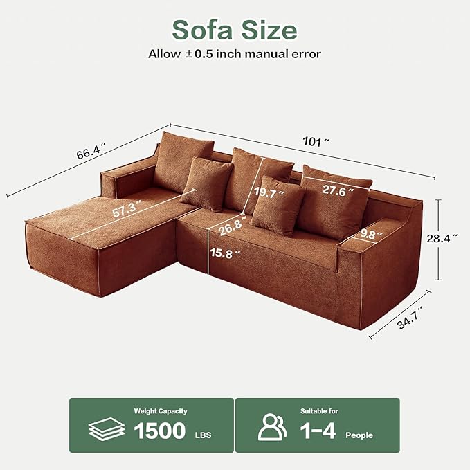 Boneless Couch for Living Room, 101" Modular Sectional Sofa Couches, L-Shape Sofa with Deep Seat, Comfy Cloud Sofa Velvet Fabric, No Assembly Required