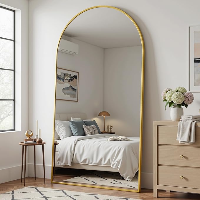Full Length Mirror, 82"x44" Arched Floor Mirror Freestanding, Floor Standing Full Body Mirror with Stand for Bedroom, Hanging Mounted for Living Room Cloakroom, Gold