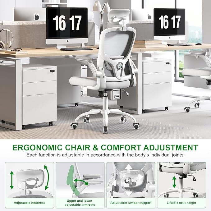 Ergonomic Chair for Office- Study Chair,300lb Gaming Chair, Mesh Comfortable High Back Chair, Headrest, Lumbar Support, Armrest, Comfy Seat for Man Woman(White-Grey6076)