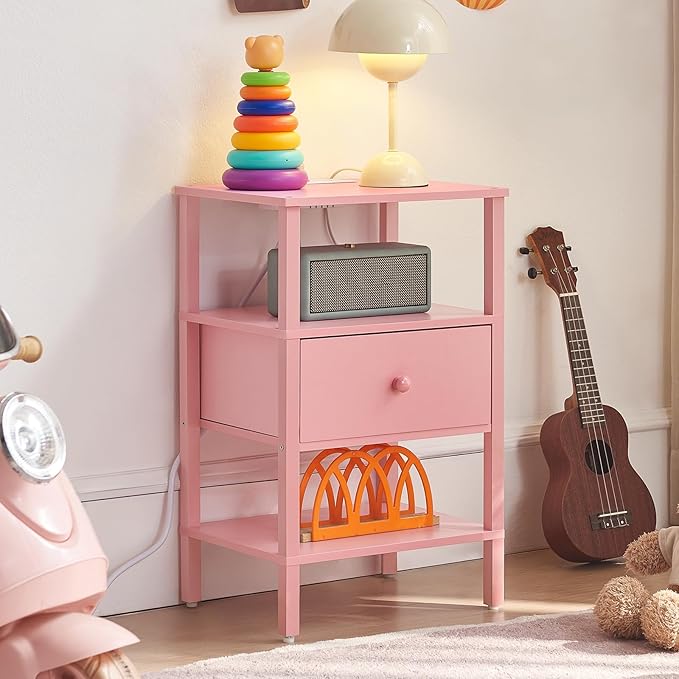 Lerliuo Nightstand Set of 2 with Charging Station and USB Ports, 3-Tier Storage Pink End Table with Drawer Shelf, Night Stand for Small Spaces, Wood Bedside Table for Living Room, Bedroom — Light Pink