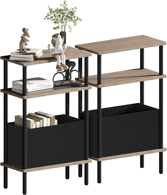 Narrow Side Table with Fabric Basket, Set of 2 End Table for Small Spaces, Slim Nightstand with 3-Tier Storage Shelf, Sofa Beside Table, for Living Room, Bed Room, Natrual Walnut