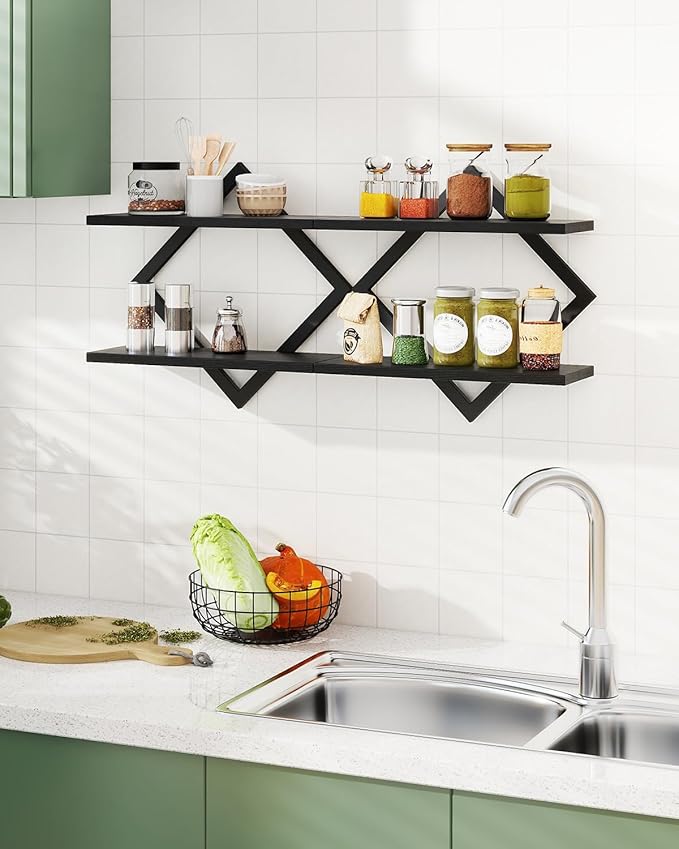 IBUYKE Floating Shelves,15 Inch Wall Shelf Set of 2,Wall Mounted Shelves,2 Tier Hanging Decorative Storage Shelf for Living Room, Bedroom, Bathroom, Kitchen TFS003B-2