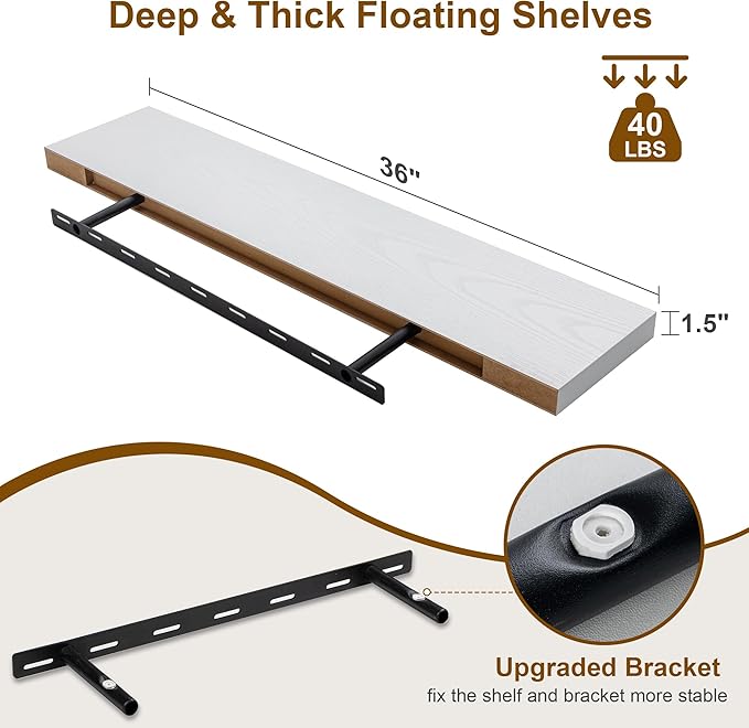 Fun Memories Floating Shelves for Wall, 36Inch Floating Shelves Set of 2, Hanging Shelf with Invisible Brackets, Bathroom Shelves for Living Room, Bedroom, Kitchen- White