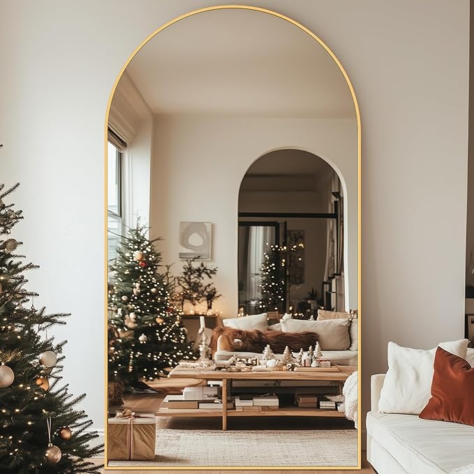 Full Length Mirror, 83"x44" Floor Mirror Freestanding, Oversized Floor Standing Full Body Mirror with Stand for Bedroom, Hanging Mounted for Living Room Cloakroom, Gold, Arched