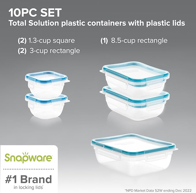 Snapware Total Solution 5-Pack (Mixed Sizes) Plastic Food Storage Containers Set, Leakproof & Airtight Locking Lids Rectangular Tupperware, Non-Toxic BPA-Free Lids, Microwave Dishwasher Freezer Safe