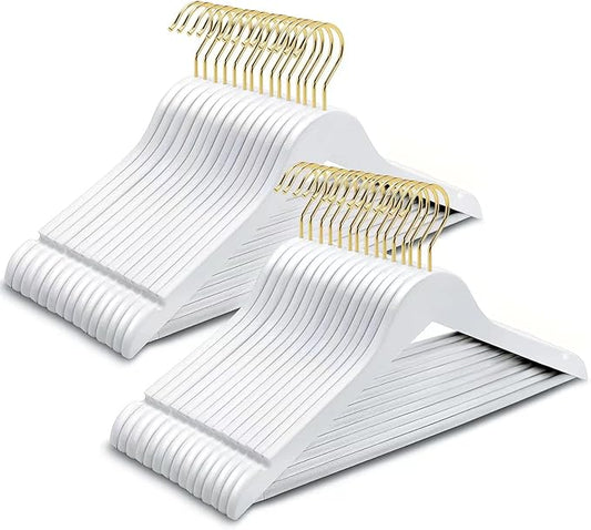 Amber Home 20 Pack Solid Wood Suit Coat Hangers, Smooth White Finish Wooden Dress Hangers with Non Slip Pant Bar, Clothes Hangers with Gold Hook & Notches for Jacket, Pant, Shirt (White+Gold, 20)