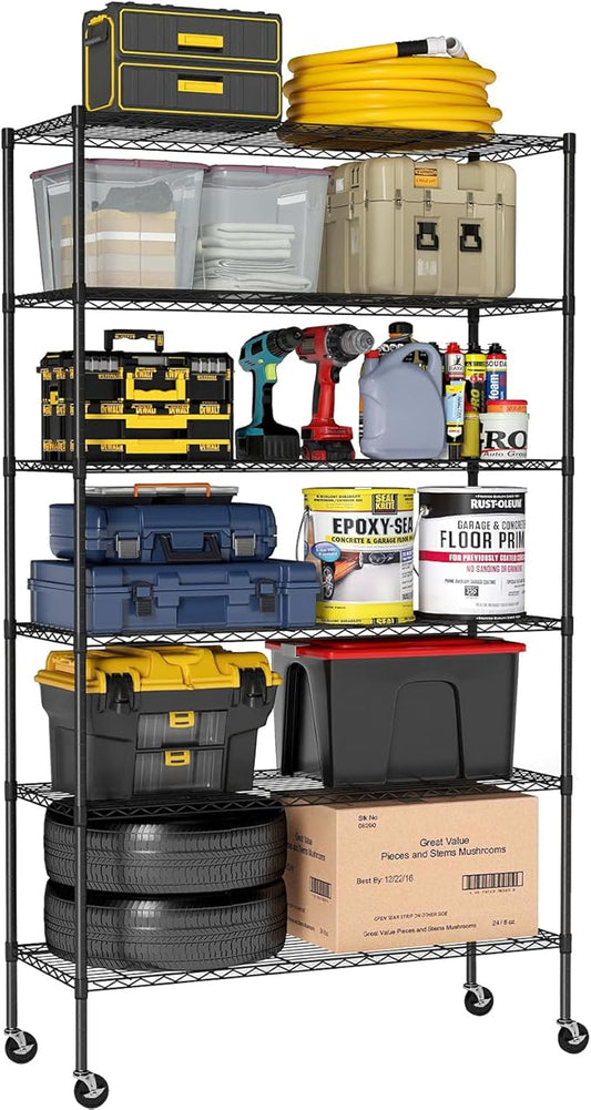 BestOffice Storage Shelves 6 Tier Metal Shelves Adjustable Garage Shelving Wire Shelving Unit Capacity 2100LBS with Wheels for Kitchen, Garage Pantry Closet Commercial,Black
