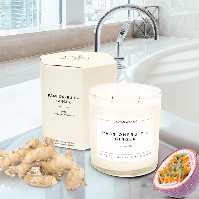 Calyan Wax Co. Passionfruit & Ginger 3 Wick Scented Candle - 43 Hour Burn - Luxury 3 Wick Soy Candles - Non Toxic Soy Wax Candles - Long Lasting Large Glass Jar Candle for Home - 14.9oz